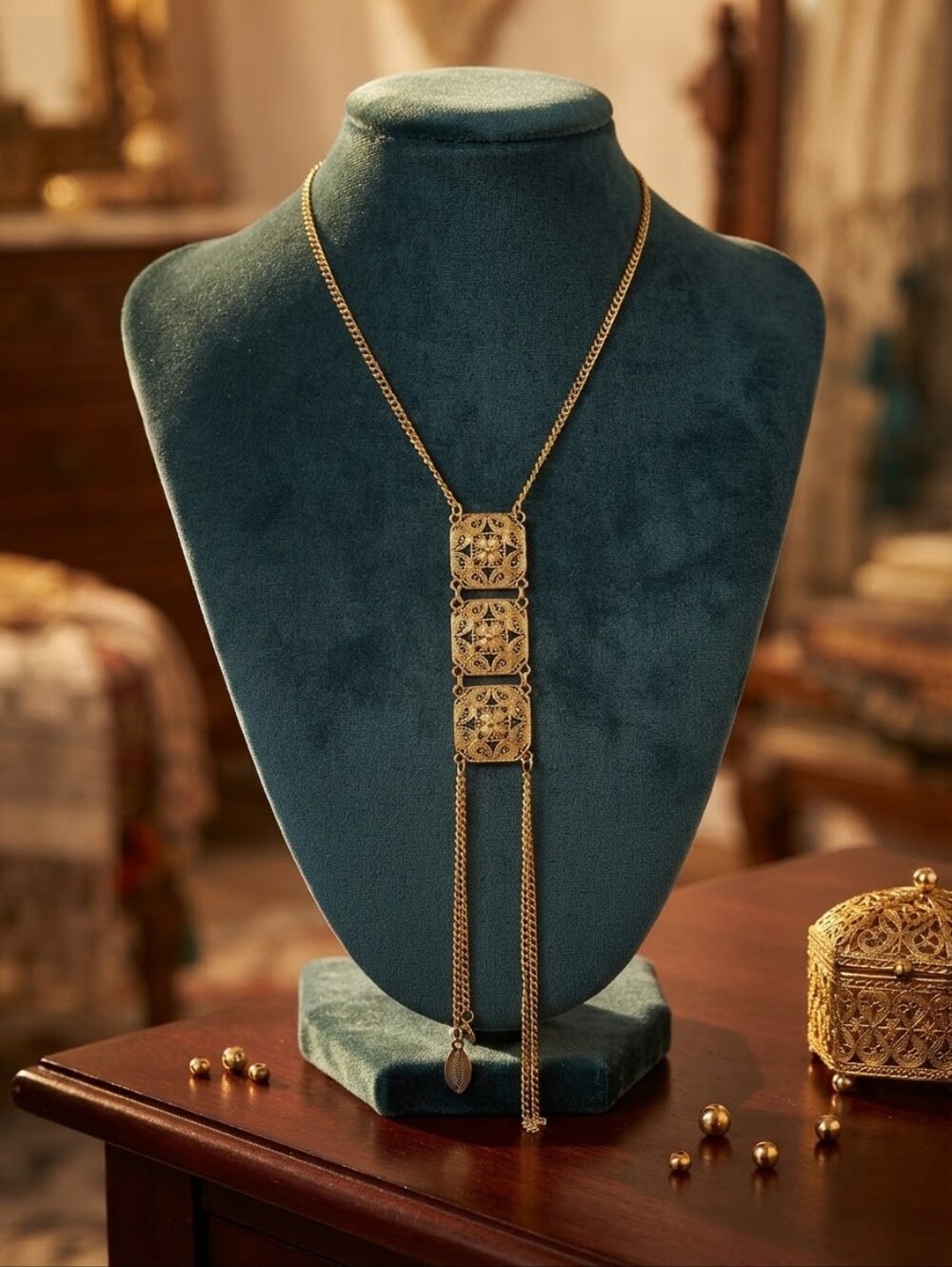 Vintage Etruscan Revival Gold Filigree Y-Lariat Necklace Statement Chain CC